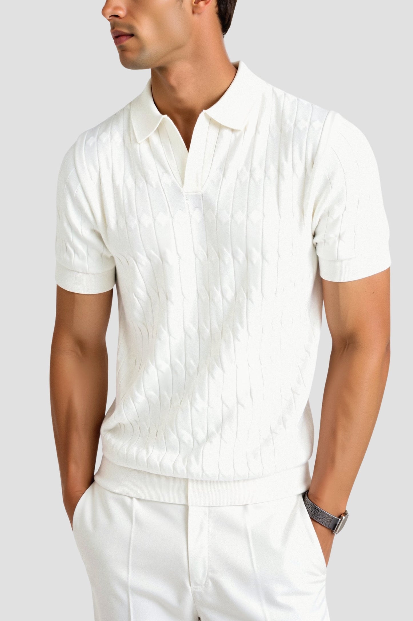Premium V-Neck Cable Knit Polo